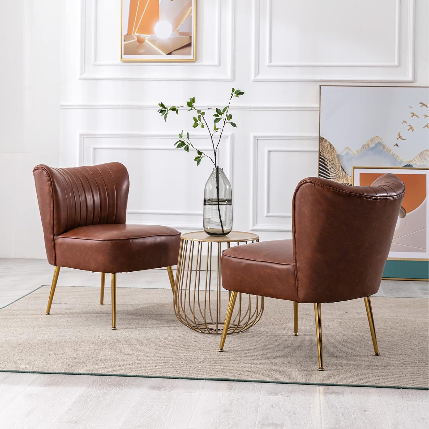 PU Leather Accent Chair Set of 2 Comfy Living Room Chair Armless Slipper Chair Mid Century Side Chair Single Sofa Chair with Golden Legs Wingback for Bedroom Guest Room- Brown - Grand Goldman