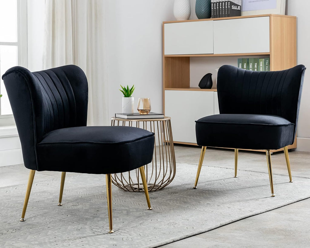 PU Leather Accent Chair Set of 2 Comfy Living Room Chair Armless Slipper Chair Mid Century Side Chair Single Sofa Chair with Golden Legs Wingback for Bedroom Guest Room- Brown - Grand Goldman