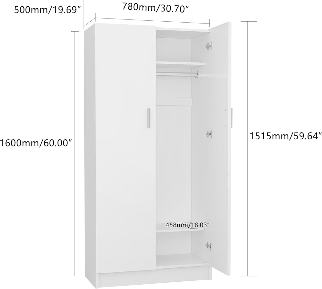 Panana 2 Door Bedroom Wardrobe Closet Bedroom Armoires Home Furniture for Storage (White) - Grand Goldman