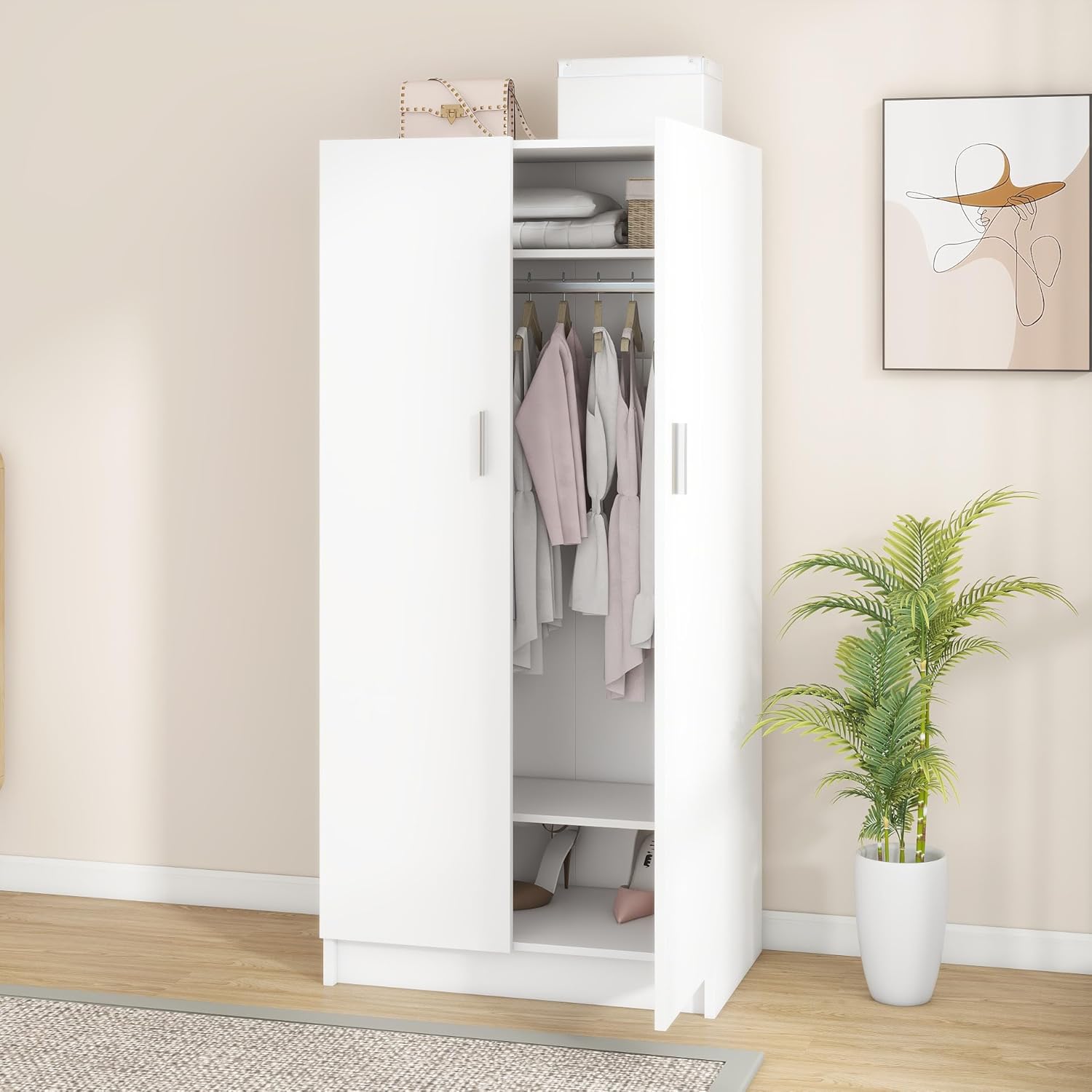 Panana 2 Door Bedroom Wardrobe Closet Bedroom Armoires Home Furniture for Storage (White) - Grand Goldman