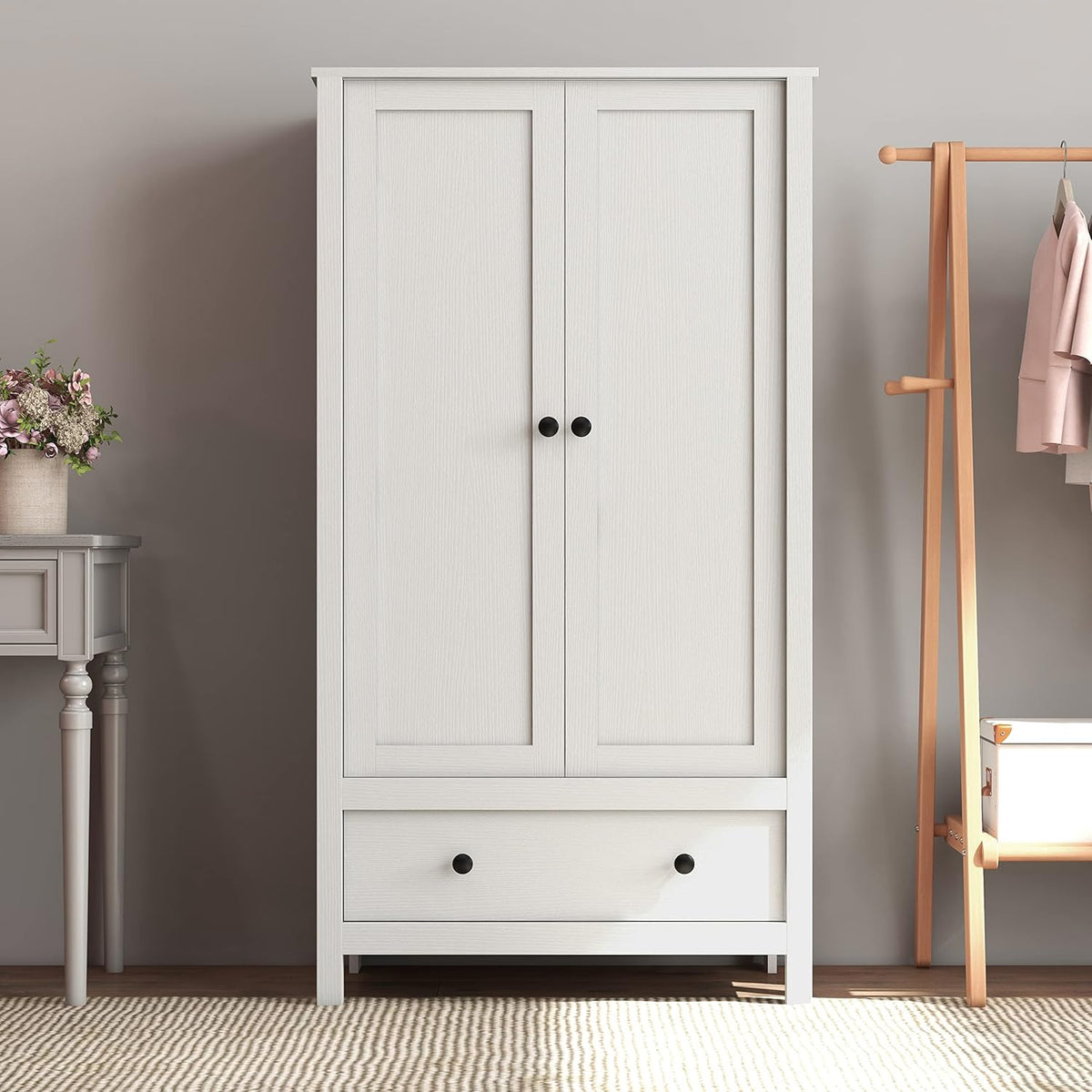Panana 2 Door Wardrobe, Armoire with Drawer for Bedroom (White) - Grand Goldman