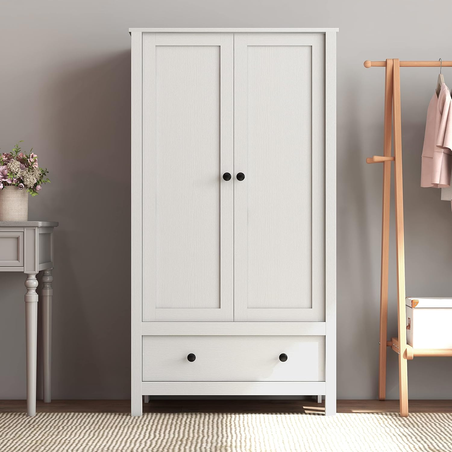 Panana 2 Door Wardrobe, Armoire with Drawer for Bedroom (White) - Grand Goldman