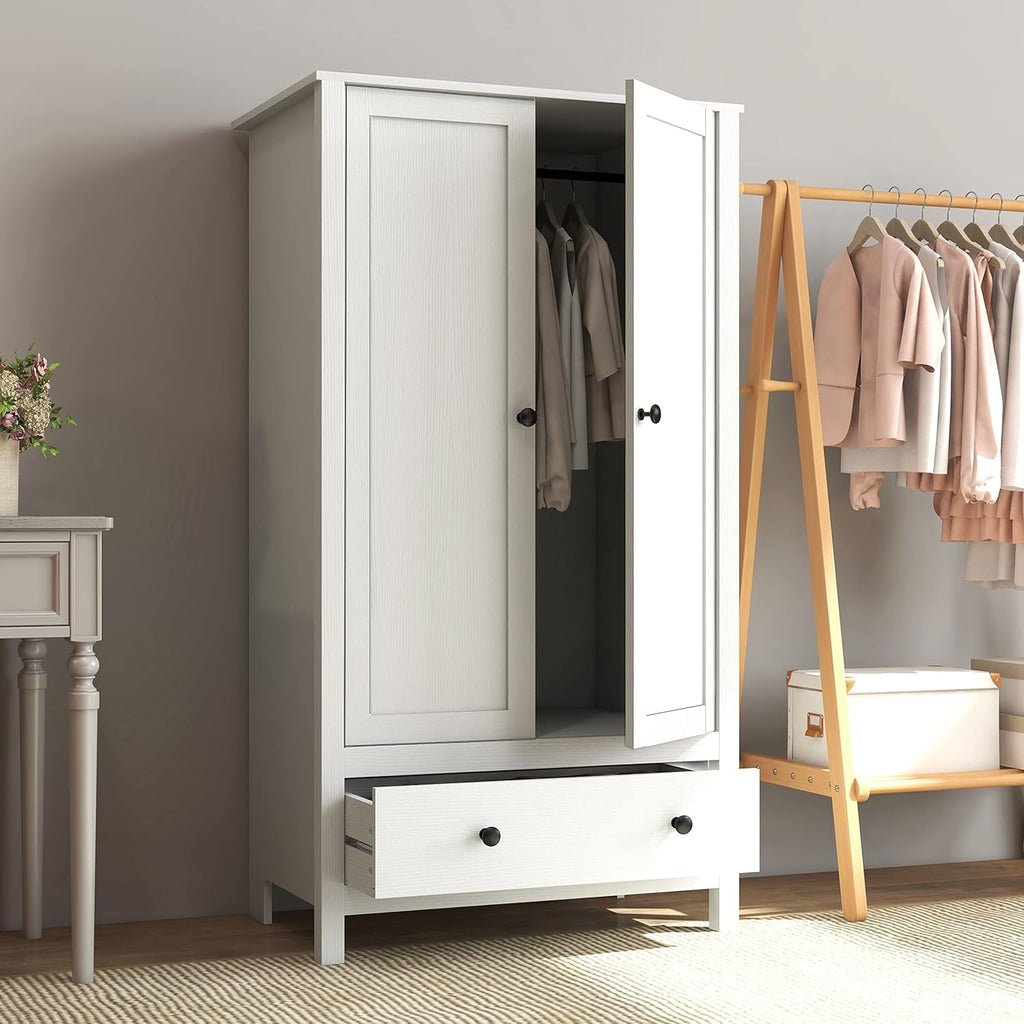 Panana 2 Door Wardrobe, Armoire with Drawer for Bedroom (White) - Grand Goldman