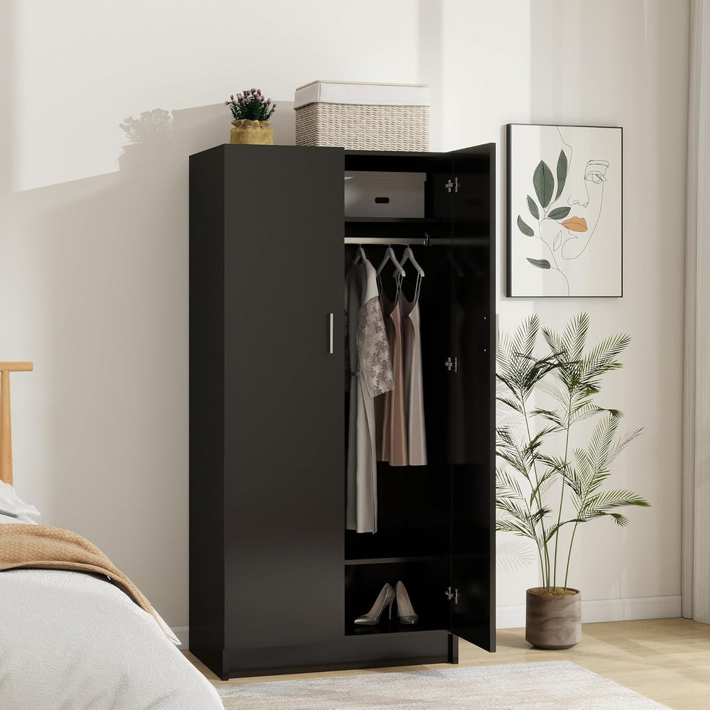 Panana 2 Door Wardrobe Closet Bedroom Armoires with 2 Shelves Storage, Hanging Rail for Bedroom (Black) - Grand Goldman