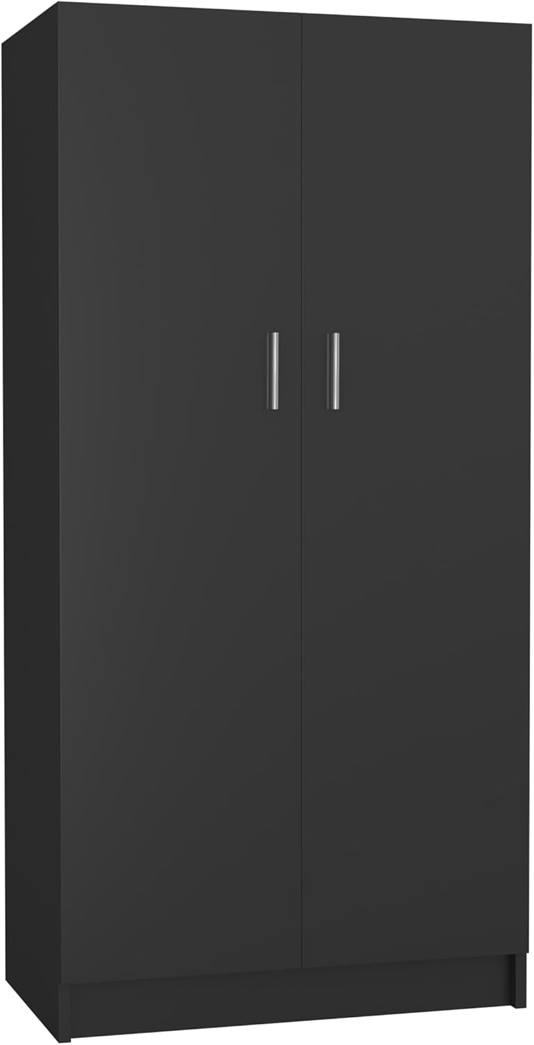 Panana 2 Door Wardrobe Closet Bedroom Armoires with 2 Shelves Storage, Hanging Rail for Bedroom (Black) - Grand Goldman
