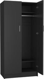 Panana 2 Door Wardrobe Closet Bedroom Armoires with 2 Shelves Storage, Hanging Rail for Bedroom (Black) - Grand Goldman