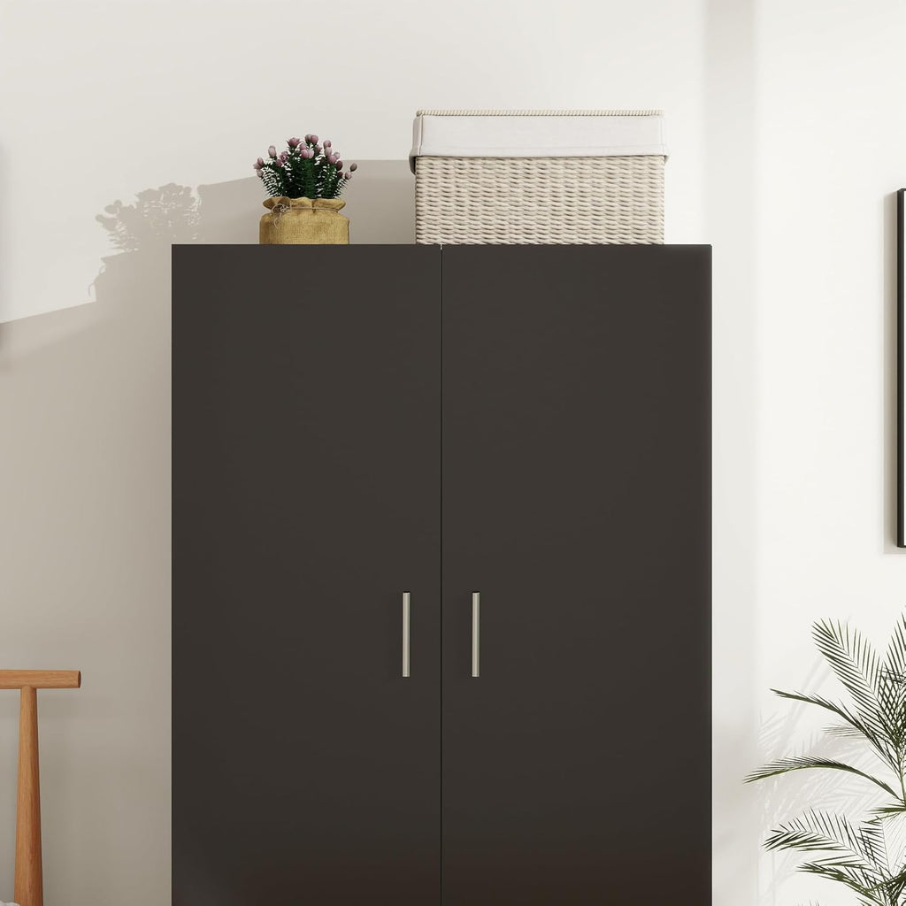 Panana 2 Door Wardrobe Closet Bedroom Armoires with 2 Shelves Storage, Hanging Rail for Bedroom (Black) - Grand Goldman