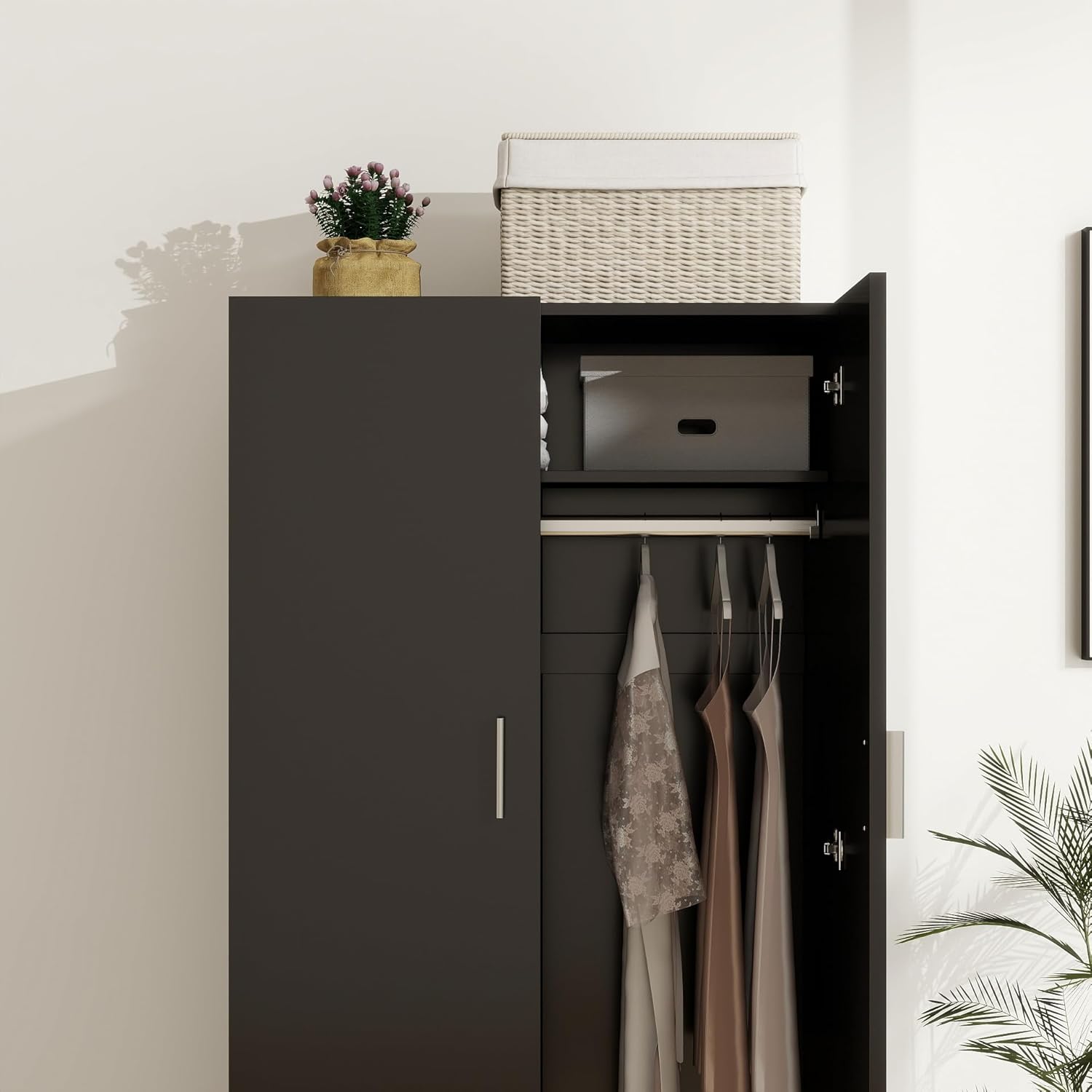 Panana 2 Door Wardrobe Closet Bedroom Armoires with 2 Shelves Storage, Hanging Rail for Bedroom (Black) - Grand Goldman