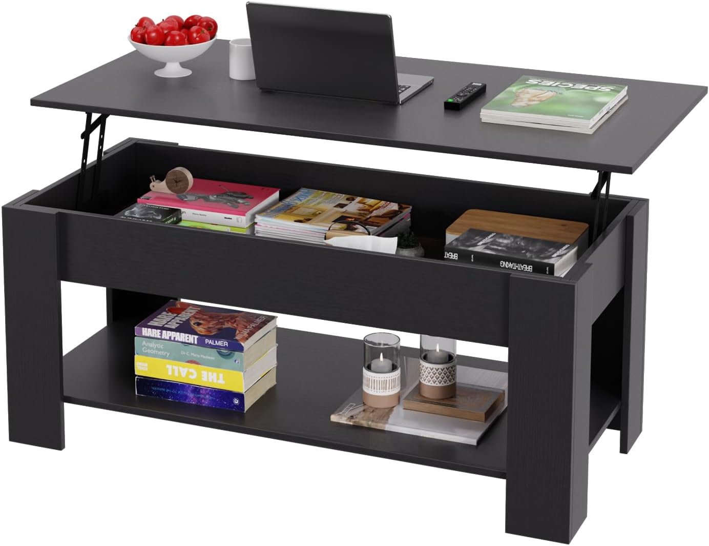 PayLessHere Coffee Table Lift Top Coffee Tables with Hidden Compartment and Storage Shelf Wooden Lift Tabletop Dining Table for Living Room Home (Black, 39" D x 28" W x 24" H) - Grand Goldman