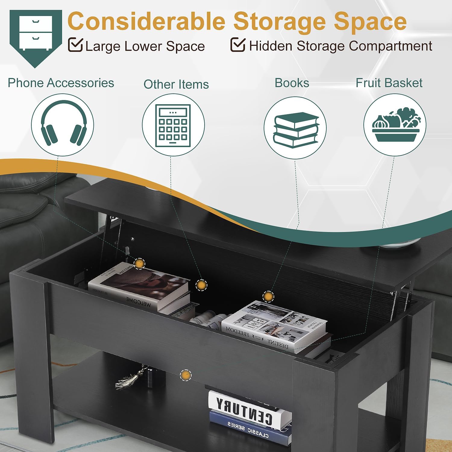 PayLessHere Coffee Table Lift Top Coffee Tables with Hidden Compartment and Storage Shelf Wooden Lift Tabletop Dining Table for Living Room Home (Black, 39" D x 28" W x 24" H) - Grand Goldman