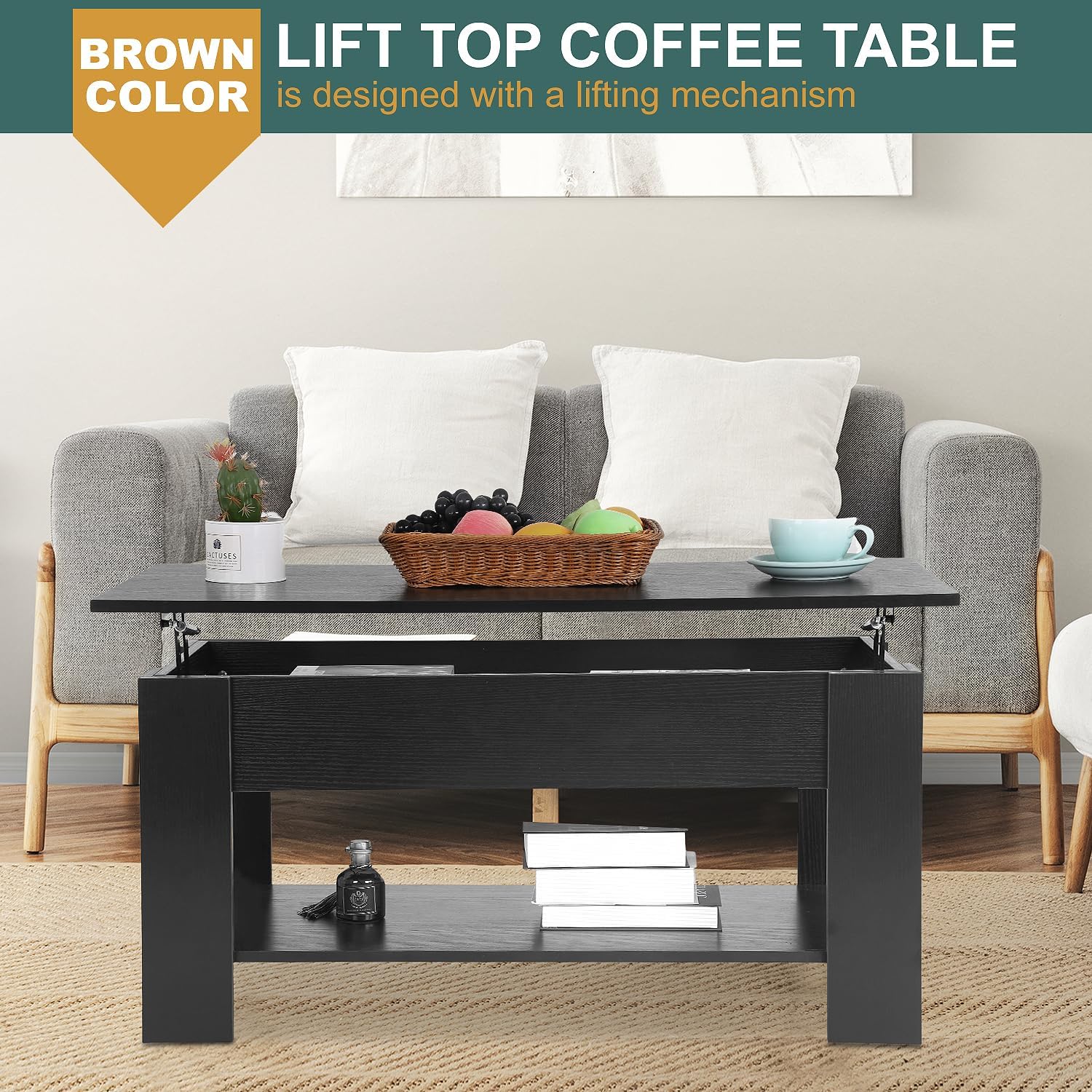PayLessHere Coffee Table Lift Top Coffee Tables with Hidden Compartment and Storage Shelf Wooden Lift Tabletop Dining Table for Living Room Home (Black, 39" D x 28" W x 24" H) - Grand Goldman