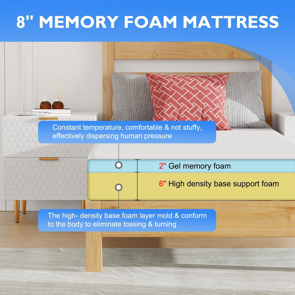 PayLessHere Gel Memory Foam Mattress 8 inch Mattress, CertiPUR-US Certified,Breathable Bed Mattress for Cooler Sleep Supportive & Pressure Relief,Removable Soft Cover,Mattress in Box, White Full - Grand Goldman