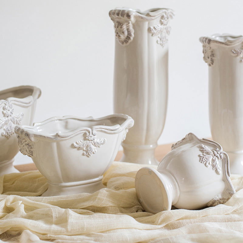 Pedestal Flower Vase Flower Pot Ceramic Glaze Ornament White Porcelain - Grand Goldman