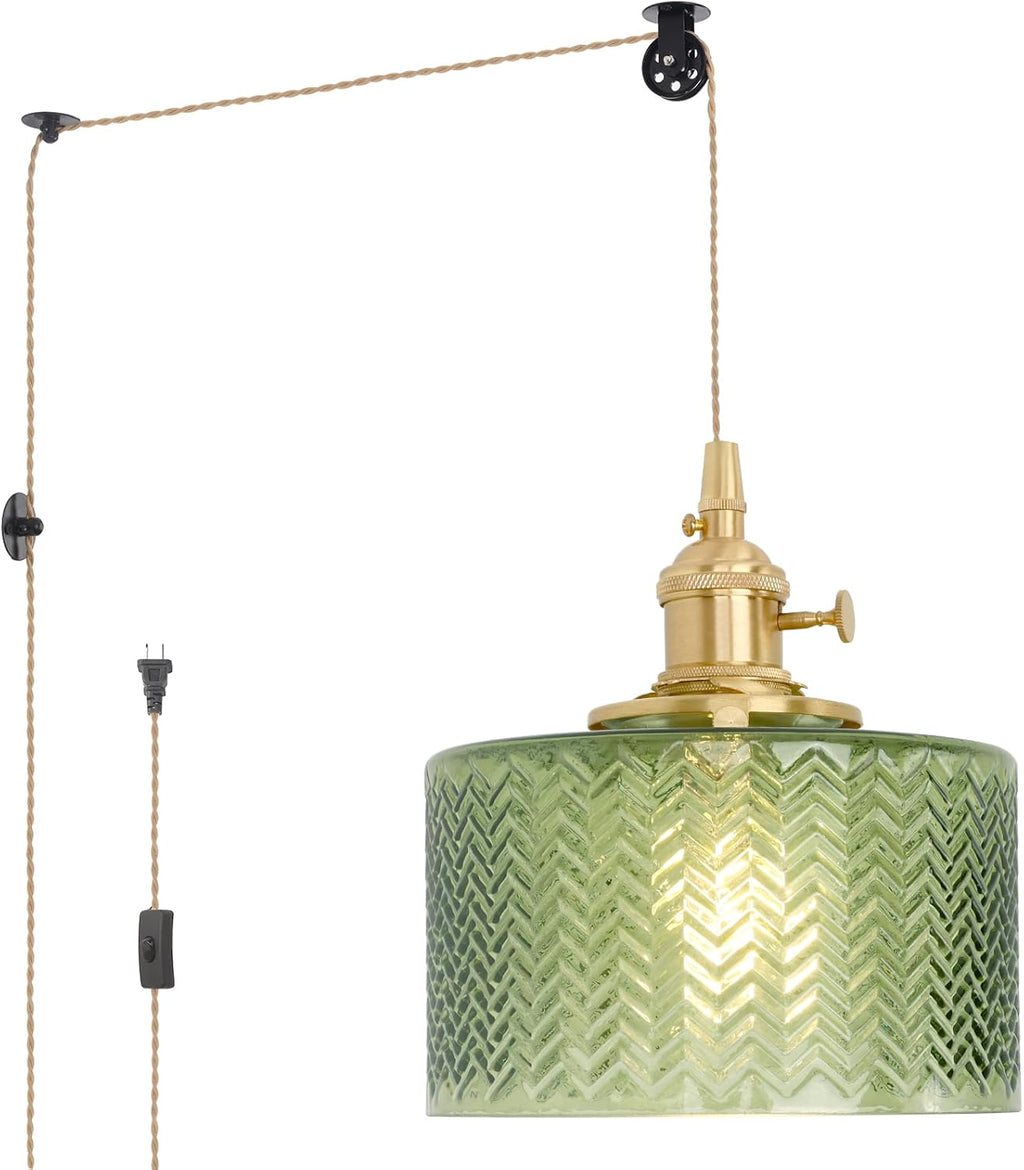 Pendant Light with Clear Striped Glass Lmapshade, Brass Vintage Pendant Light Adjustable Hanging Light for Kitchen Island Dining Room Hallway - Grand Goldman