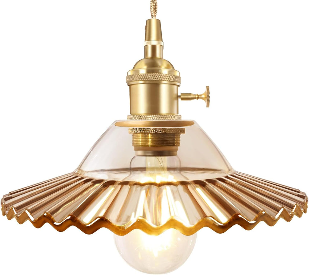 Pendant Light with Clear Striped Glass Lmapshade, Brass Vintage Pendant Light Adjustable Hanging Light for Kitchen Island Dining Room Hallway - Grand Goldman
