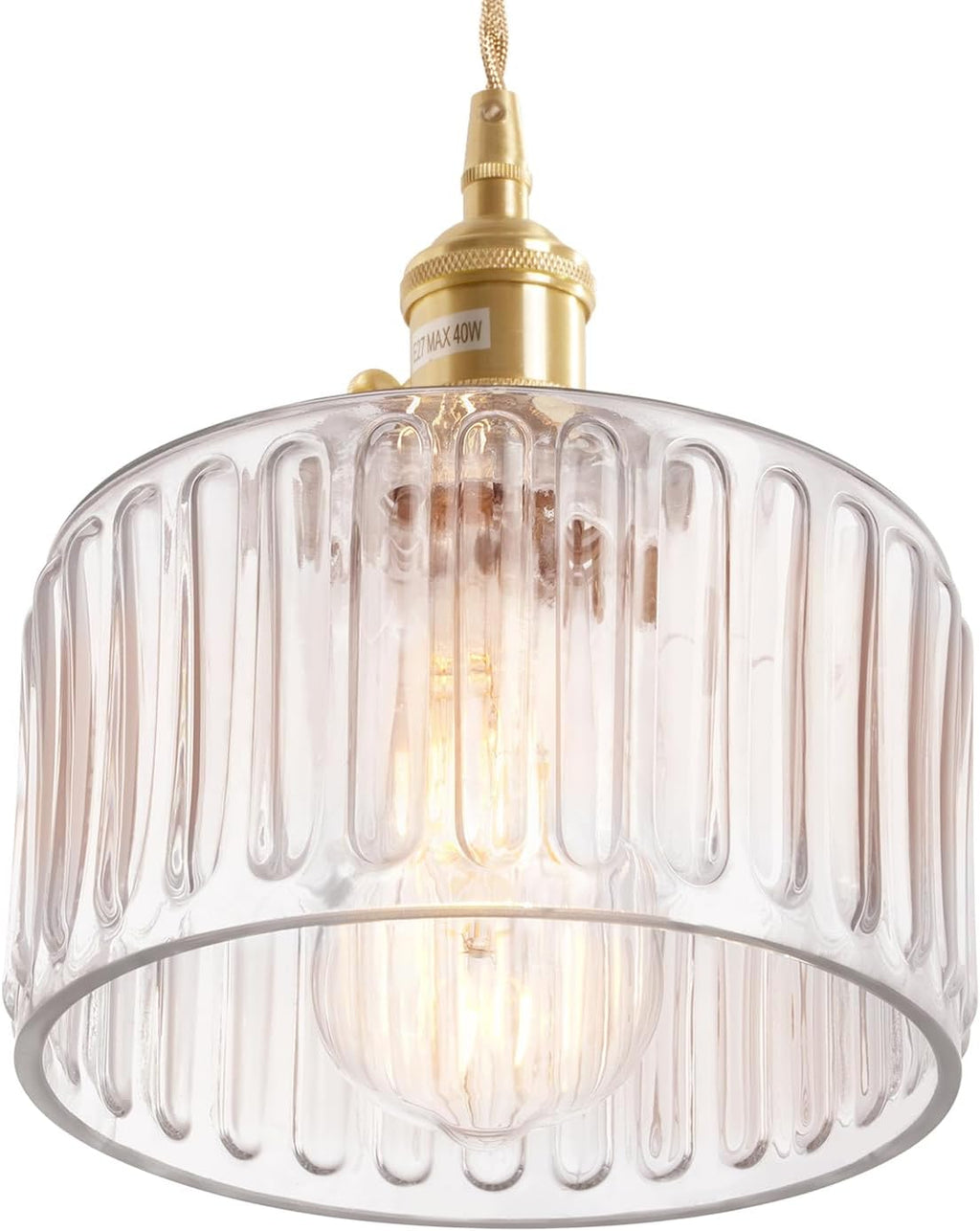 Pendant Light with Clear Striped Glass Lmapshade, Brass Vintage Pendant Light Adjustable Hanging Light for Kitchen Island Dining Room Hallway - Grand Goldman