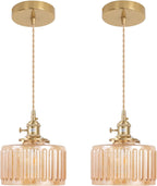 Pendant Light with Clear Striped Glass Lmapshade, Brass Vintage Pendant Light Adjustable Hanging Light for Kitchen Island Dining Room Hallway - Grand Goldman