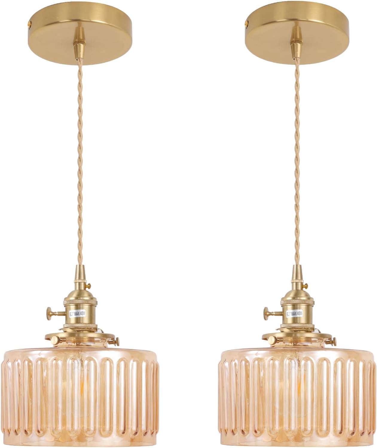 Pendant Light with Clear Striped Glass Lmapshade, Brass Vintage Pendant Light Adjustable Hanging Light for Kitchen Island Dining Room Hallway - Grand Goldman