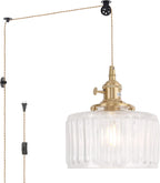 Pendant Light with Clear Striped Glass Lmapshade, Brass Vintage Pendant Light Adjustable Hanging Light for Kitchen Island Dining Room Hallway - Grand Goldman