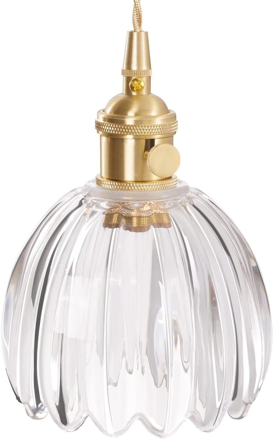 Pendant Light with Clear Striped Glass Lmapshade, Brass Vintage Pendant Light Adjustable Hanging Light for Kitchen Island Dining Room Hallway - Grand Goldman