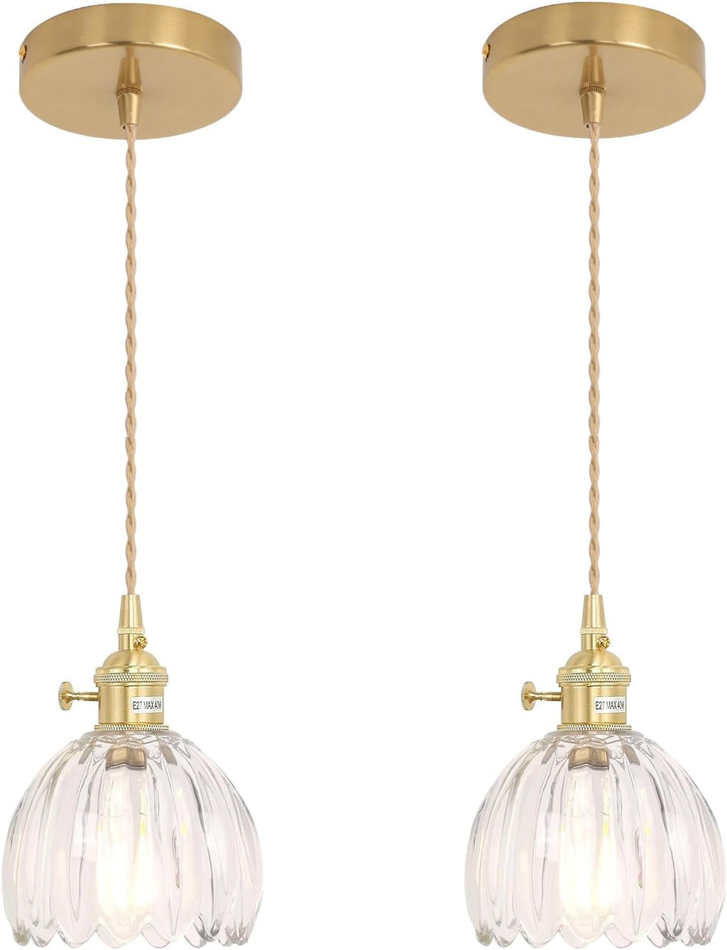 Pendant Light with Clear Striped Glass Lmapshade, Brass Vintage Pendant Light Adjustable Hanging Light for Kitchen Island Dining Room Hallway - Grand Goldman