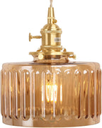 Pendant Light with Clear Striped Glass Lmapshade, Brass Vintage Pendant Light Adjustable Hanging Light for Kitchen Island Dining Room Hallway - Grand Goldman