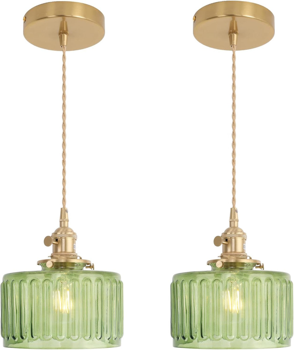 Pendant Light with Clear Striped Glass Lmapshade, Brass Vintage Pendant Light Adjustable Hanging Light for Kitchen Island Dining Room Hallway - Grand Goldman