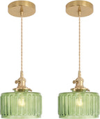 Pendant Light with Clear Striped Glass Lmapshade, Brass Vintage Pendant Light Adjustable Hanging Light for Kitchen Island Dining Room Hallway - Grand Goldman