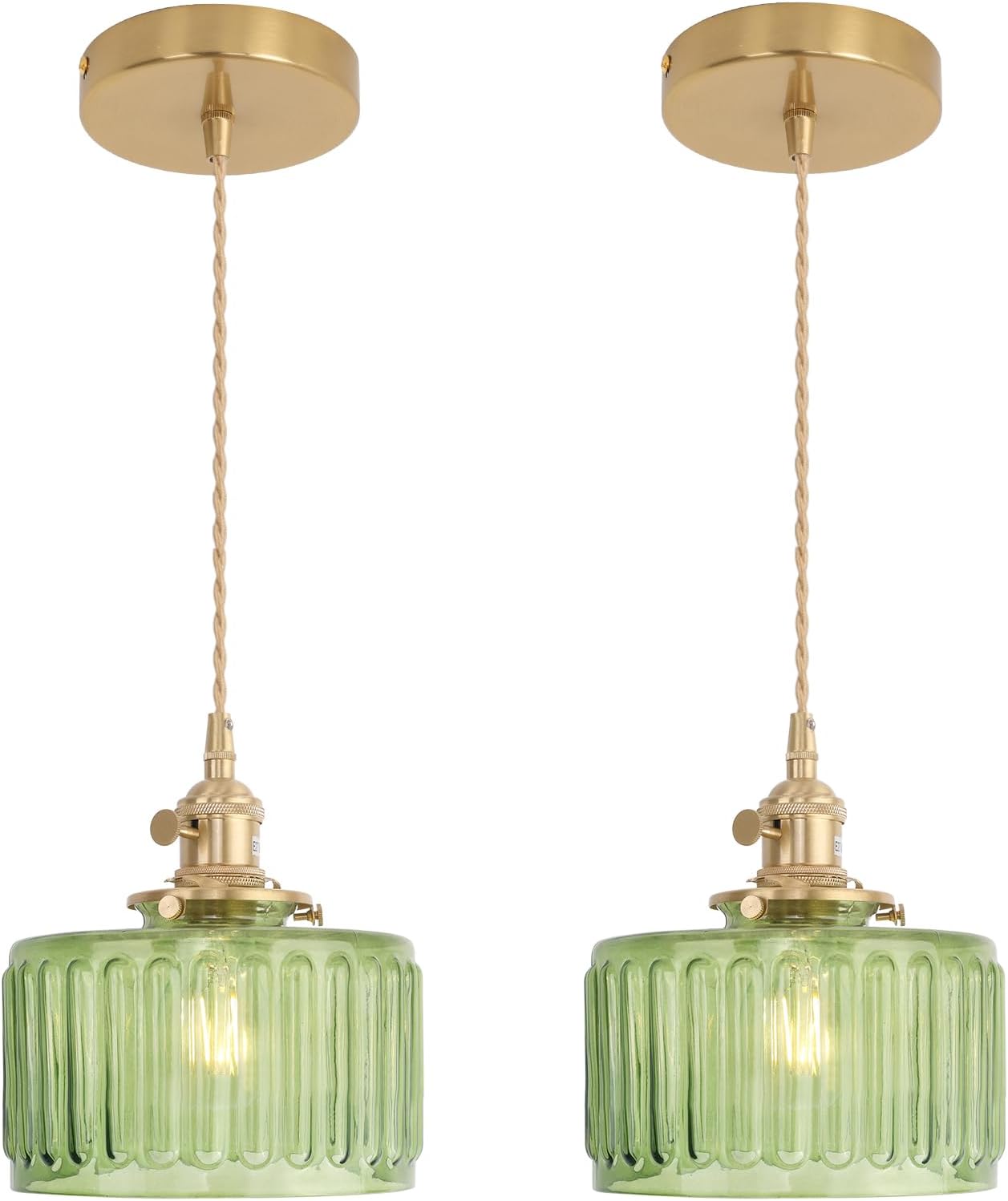 Pendant Light with Clear Striped Glass Lmapshade, Brass Vintage Pendant Light Adjustable Hanging Light for Kitchen Island Dining Room Hallway - Grand Goldman