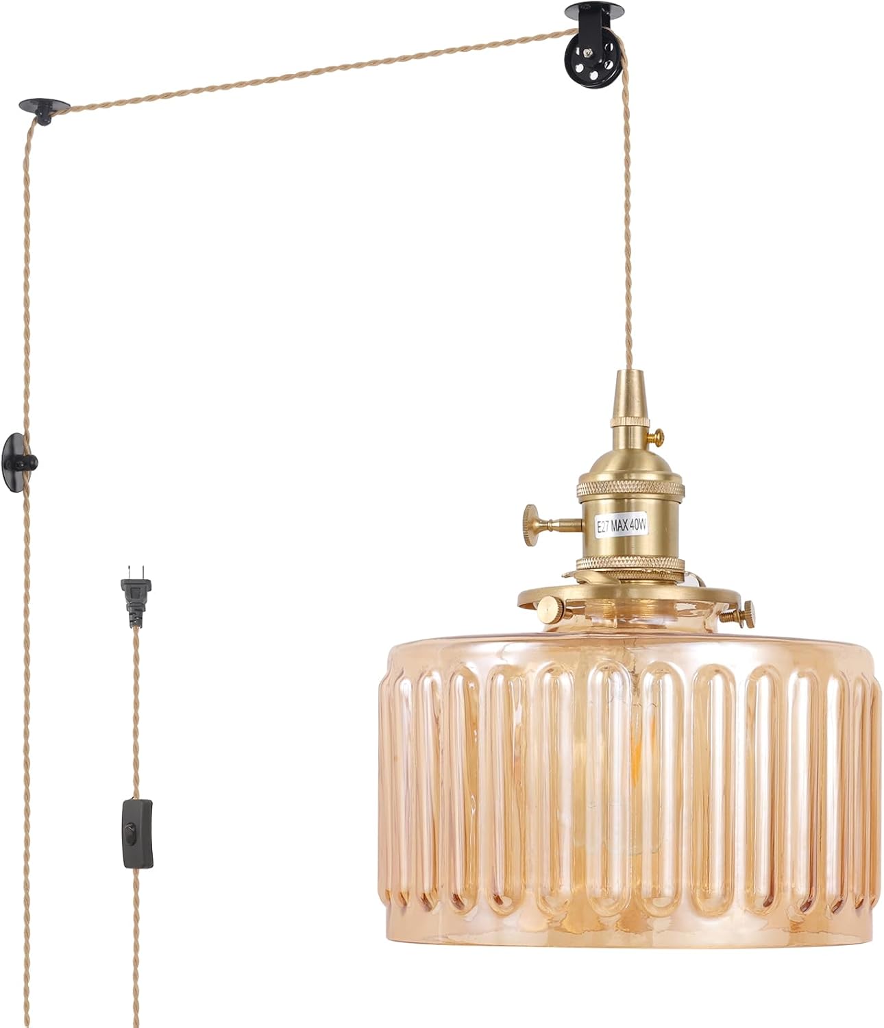 Pendant Light with Clear Striped Glass Lmapshade, Brass Vintage Pendant Light Adjustable Hanging Light for Kitchen Island Dining Room Hallway - Grand Goldman