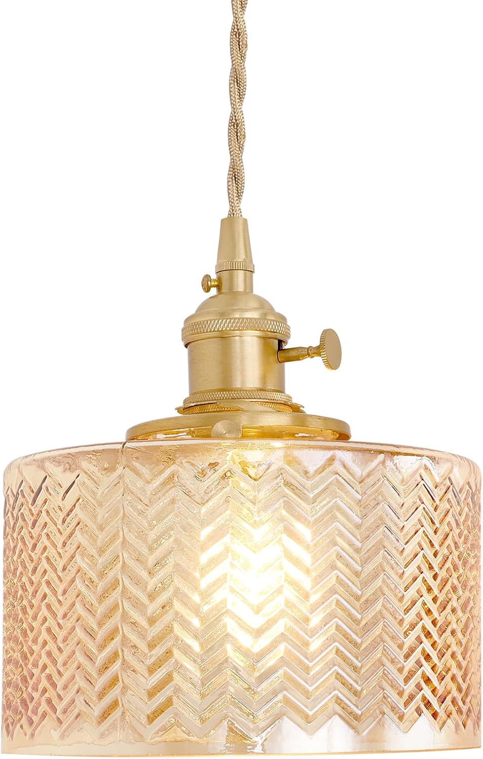 Pendant Light with Clear Striped Glass Lmapshade, Brass Vintage Pendant Light Adjustable Hanging Light for Kitchen Island Dining Room Hallway - Grand Goldman