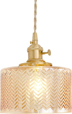 Pendant Light with Clear Striped Glass Lmapshade, Brass Vintage Pendant Light Adjustable Hanging Light for Kitchen Island Dining Room Hallway - Grand Goldman