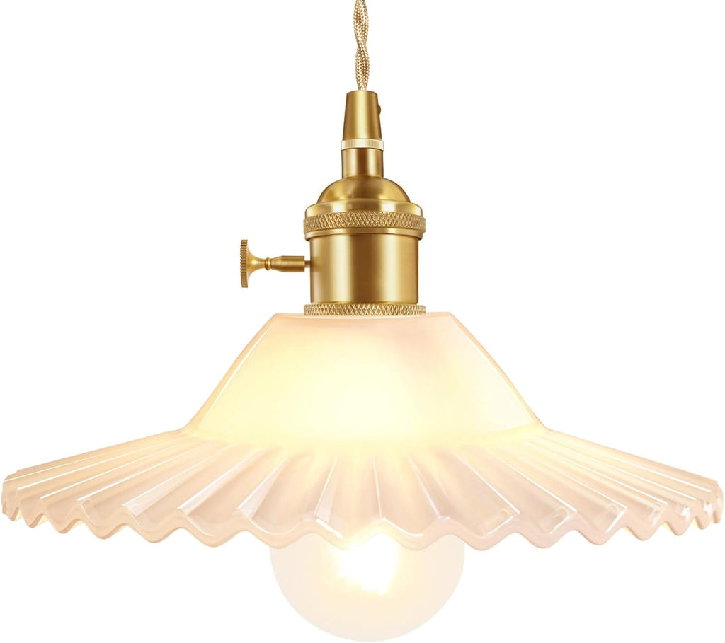 Pendant Light with Clear Striped Glass Lmapshade, Brass Vintage Pendant Light Adjustable Hanging Light for Kitchen Island Dining Room Hallway - Grand Goldman