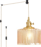 Pendant Light with Clear Striped Glass Lmapshade, Brass Vintage Pendant Light Adjustable Hanging Light for Kitchen Island Dining Room Hallway - Grand Goldman