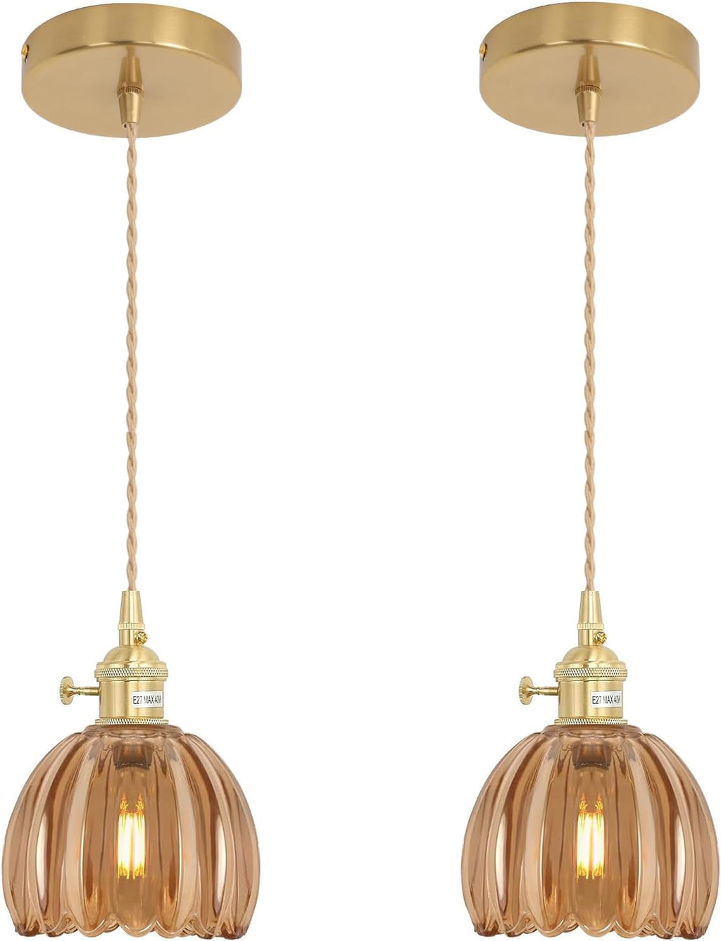 Pendant Light with Clear Striped Glass Lmapshade, Brass Vintage Pendant Light Adjustable Hanging Light for Kitchen Island Dining Room Hallway - Grand Goldman