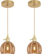 Pendant Light with Clear Striped Glass Lmapshade, Brass Vintage Pendant Light Adjustable Hanging Light for Kitchen Island Dining Room Hallway - Grand Goldman