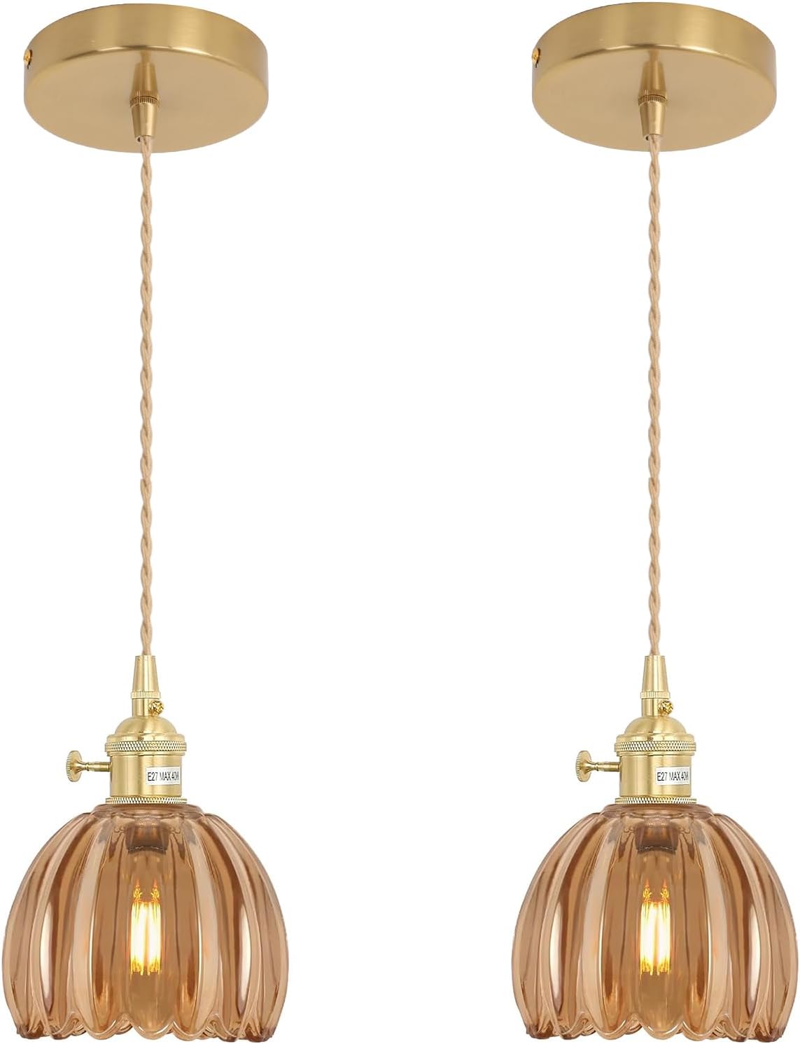 Pendant Light with Clear Striped Glass Lmapshade, Brass Vintage Pendant Light Adjustable Hanging Light for Kitchen Island Dining Room Hallway - Grand Goldman