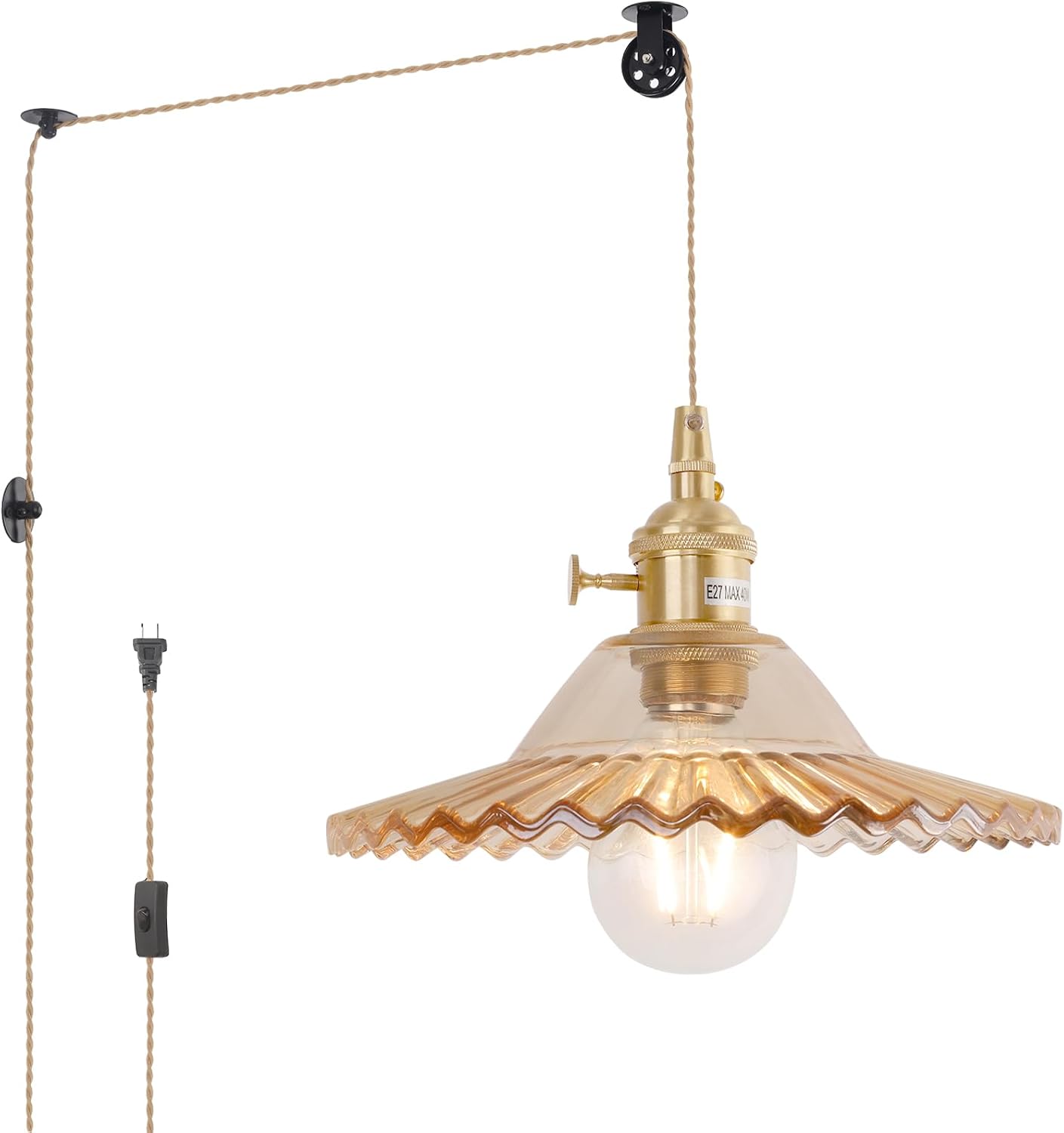 Pendant Light with Clear Striped Glass Lmapshade, Brass Vintage Pendant Light Adjustable Hanging Light for Kitchen Island Dining Room Hallway - Grand Goldman