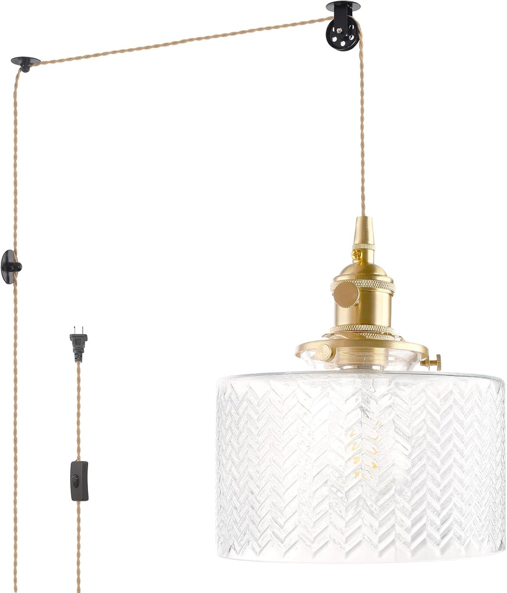 Pendant Light with Clear Striped Glass Lmapshade, Brass Vintage Pendant Light Adjustable Hanging Light for Kitchen Island Dining Room Hallway - Grand Goldman