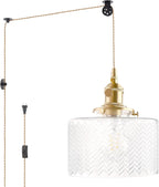Pendant Light with Clear Striped Glass Lmapshade, Brass Vintage Pendant Light Adjustable Hanging Light for Kitchen Island Dining Room Hallway - Grand Goldman