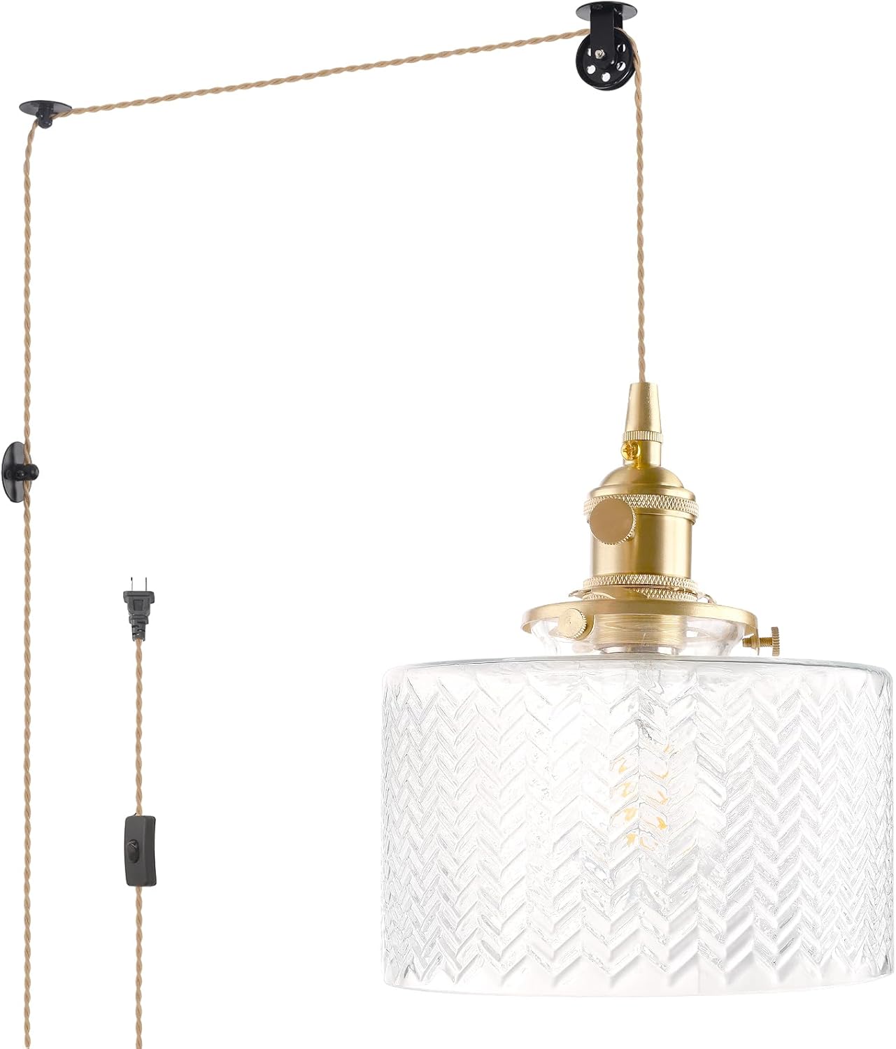 Pendant Light with Clear Striped Glass Lmapshade, Brass Vintage Pendant Light Adjustable Hanging Light for Kitchen Island Dining Room Hallway - Grand Goldman