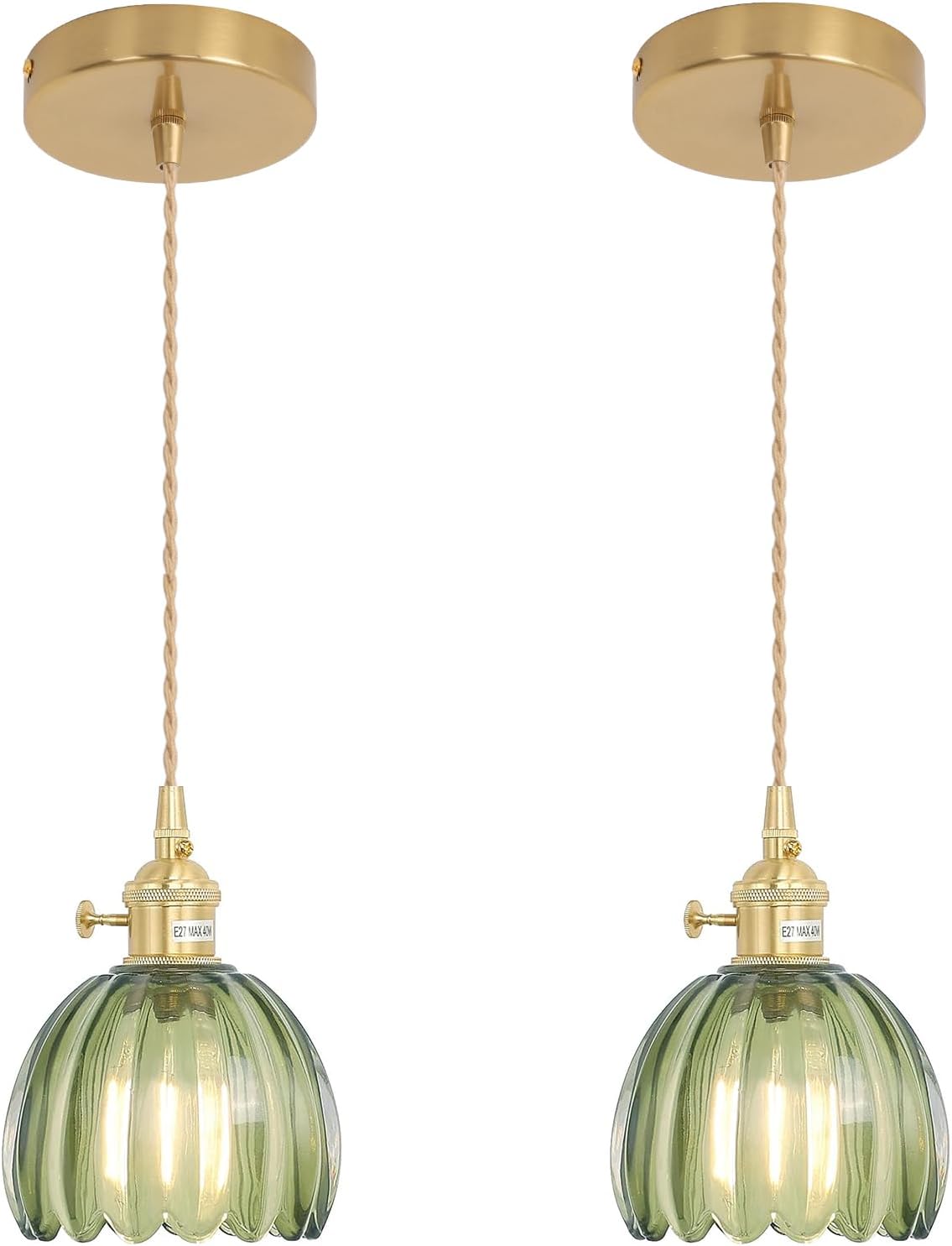 Pendant Light with Clear Striped Glass Lmapshade, Brass Vintage Pendant Light Adjustable Hanging Light for Kitchen Island Dining Room Hallway - Grand Goldman