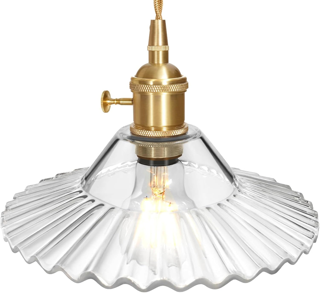 Pendant Light with Clear Striped Glass Lmapshade, Brass Vintage Pendant Light Adjustable Hanging Light for Kitchen Island Dining Room Hallway - Grand Goldman