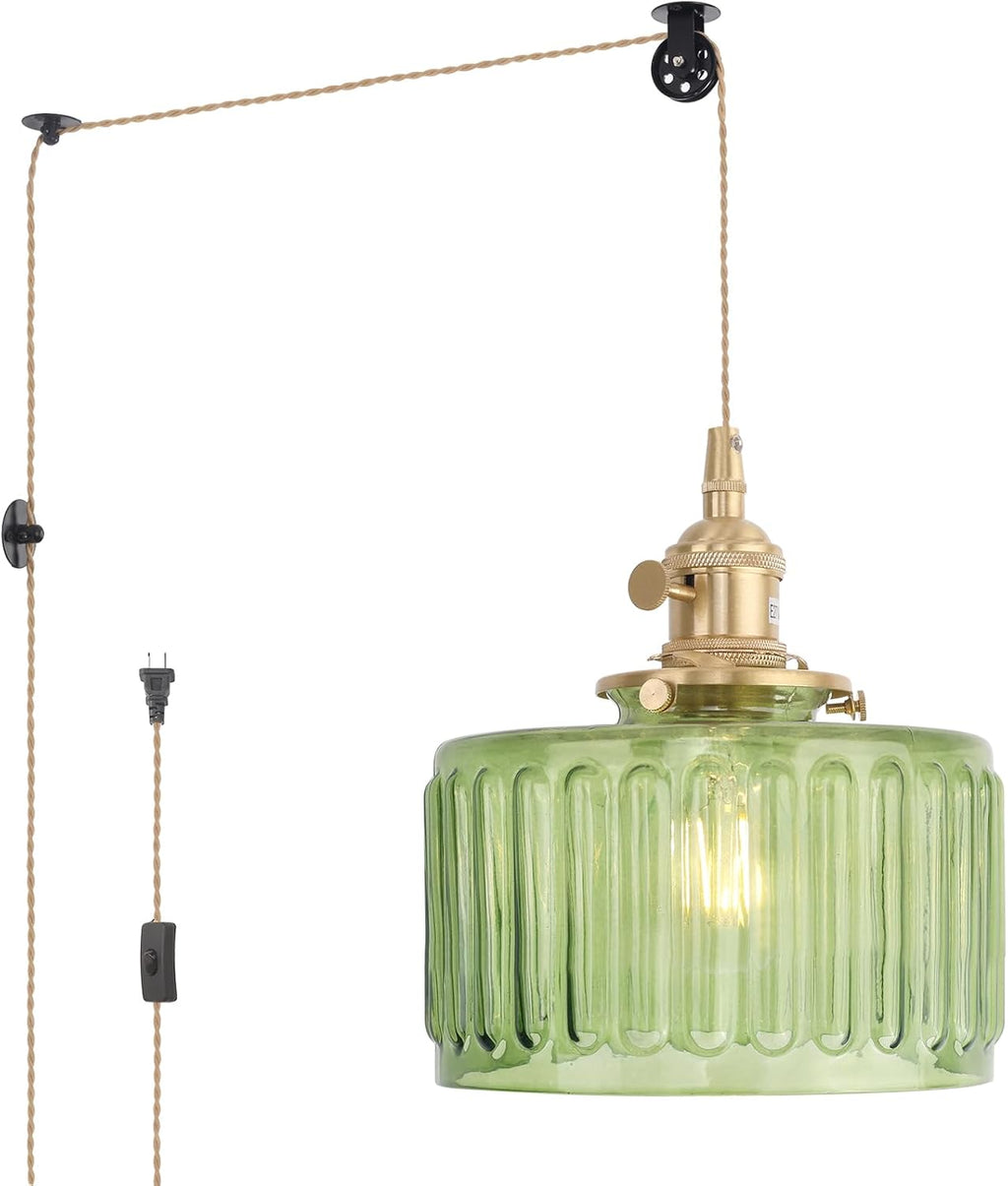 Pendant Light with Clear Striped Glass Lmapshade, Brass Vintage Pendant Light Adjustable Hanging Light for Kitchen Island Dining Room Hallway - Grand Goldman