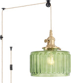 Pendant Light with Clear Striped Glass Lmapshade, Brass Vintage Pendant Light Adjustable Hanging Light for Kitchen Island Dining Room Hallway - Grand Goldman