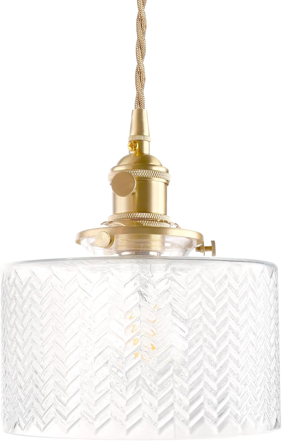 Pendant Light with Clear Striped Glass Lmapshade, Brass Vintage Pendant Light Adjustable Hanging Light for Kitchen Island Dining Room Hallway - Grand Goldman