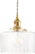 Pendant Light with Clear Striped Glass Lmapshade, Brass Vintage Pendant Light Adjustable Hanging Light for Kitchen Island Dining Room Hallway - Grand Goldman