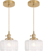 Pendant Light with Clear Striped Glass Lmapshade, Brass Vintage Pendant Light Adjustable Hanging Light for Kitchen Island Dining Room Hallway - Grand Goldman