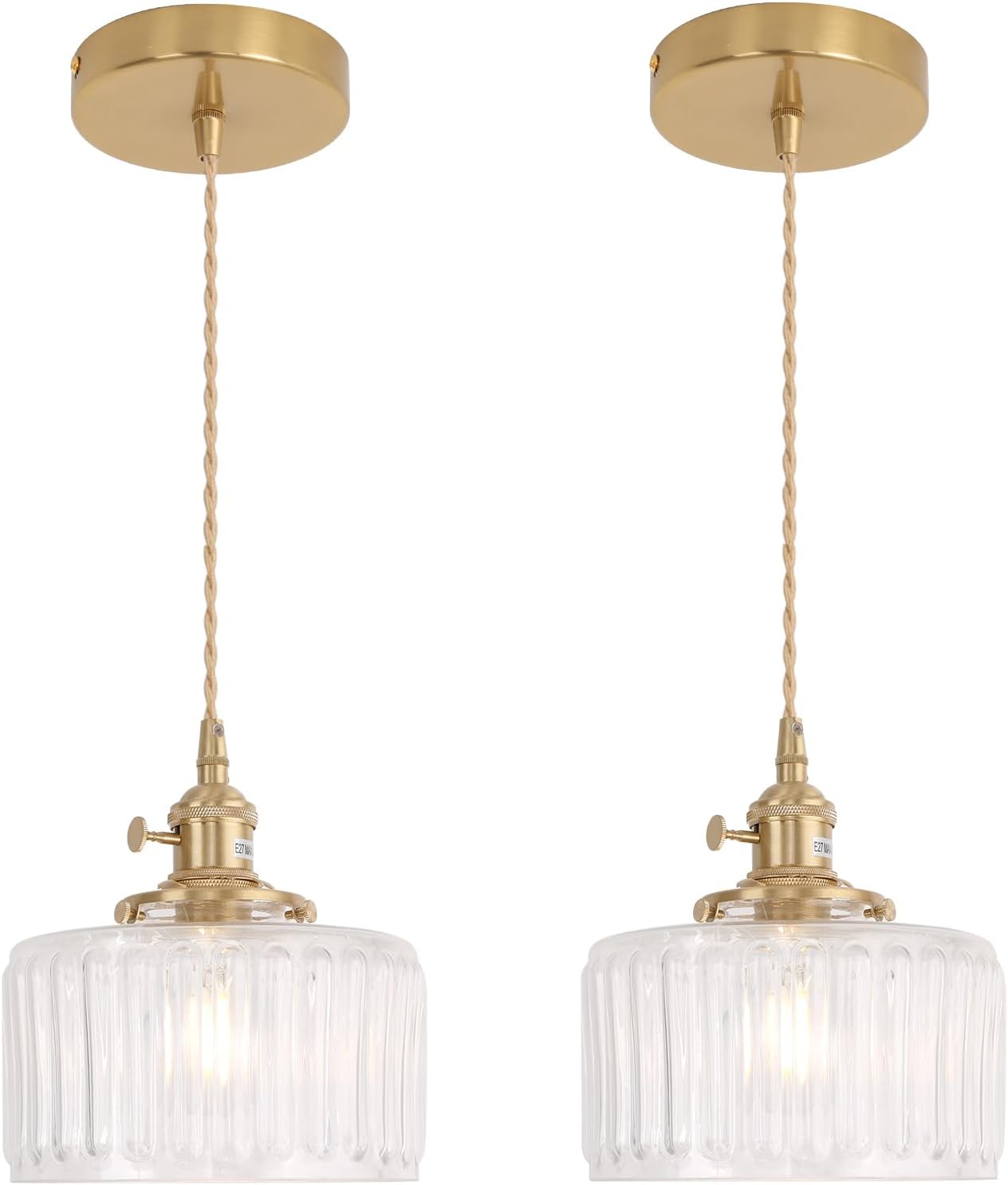 Pendant Light with Clear Striped Glass Lmapshade, Brass Vintage Pendant Light Adjustable Hanging Light for Kitchen Island Dining Room Hallway - Grand Goldman