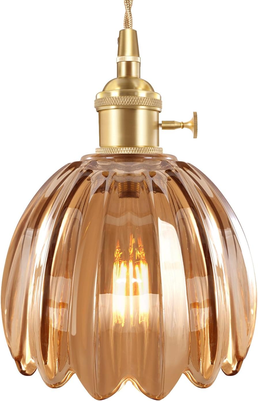 Pendant Light with Clear Striped Glass Lmapshade, Brass Vintage Pendant Light Adjustable Hanging Light for Kitchen Island Dining Room Hallway - Grand Goldman